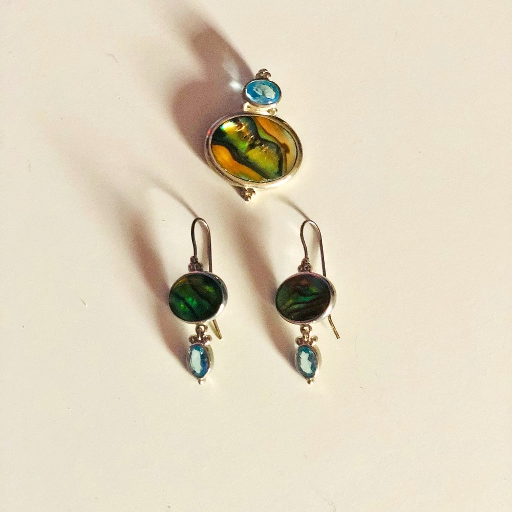 Sterling silver and mother of pearl pendent and earring set